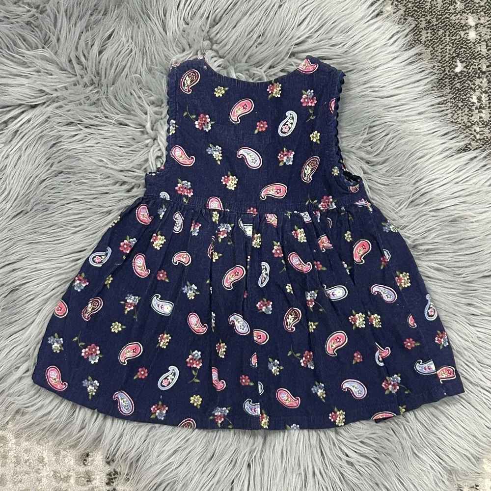 Vintage McKids Girls Navy Blue Corduroy Floral Paisley Sleeveless Dress Size 12m